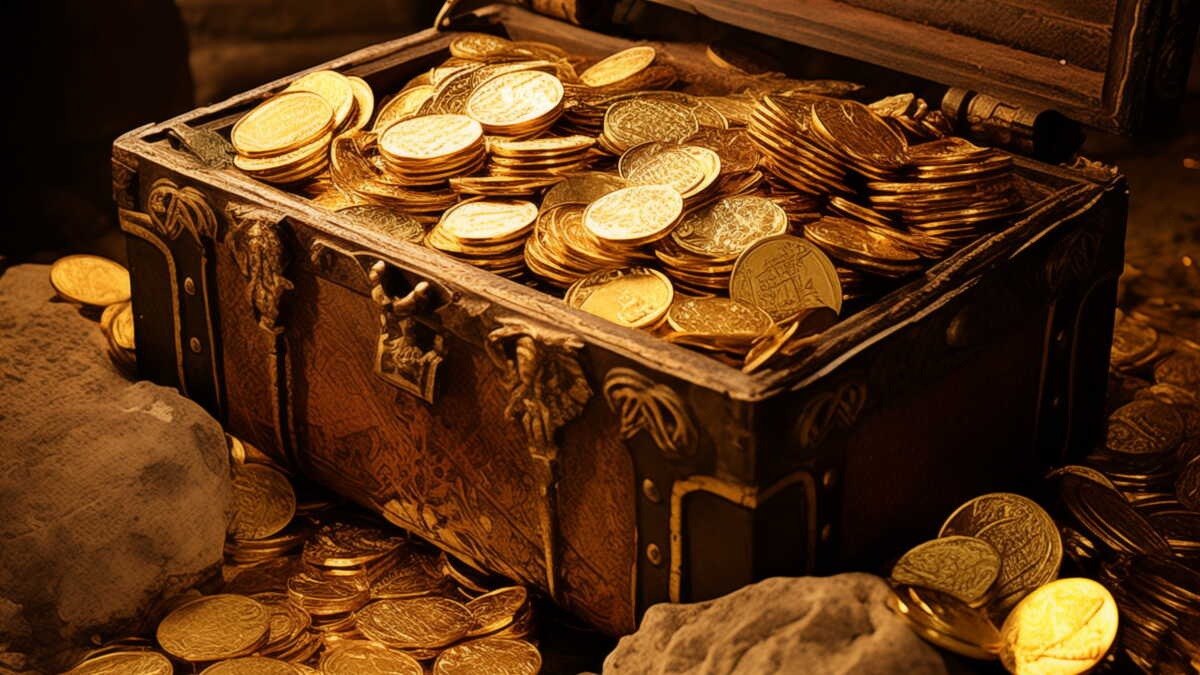 wanderer finden in einer steinmauer einen verborgenen schatz aus goldmünzen