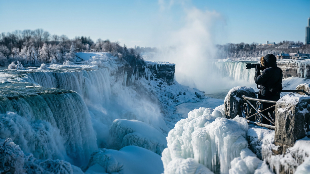Bei minus 55 Grad sind die Niagarafälle nahezu vollständig zugefroren und schaffen ein seltenes und extremes Winterspektakel