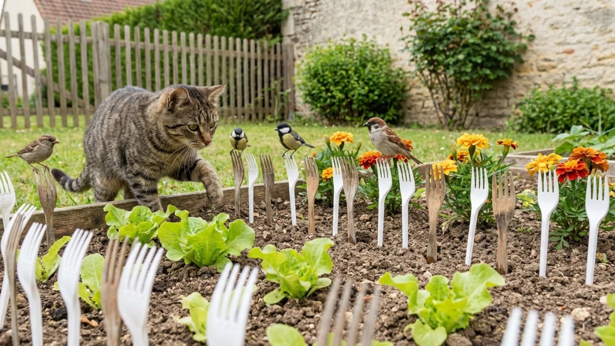 gemüsegarten diese in die erde gesteckten abdeckungen, um die sich gärtner reißen, um katzen und vögel fernzuhalten (ohne produkte)
